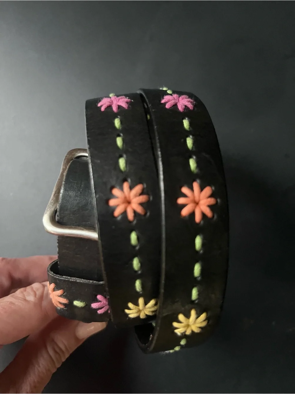 Black Leather Belt with Multicolor Floral Embroidery